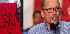 A collage of a sign that says, "Keep Your Policies off My Body" and a photo of Tom Perez.