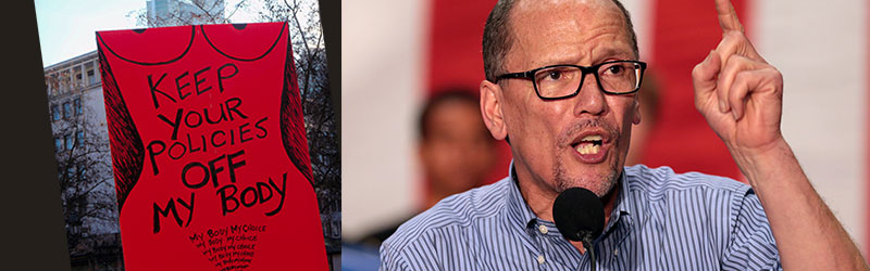 A collage of a sign that says, "Keep Your Policies off My Body" and a photo of Tom Perez.