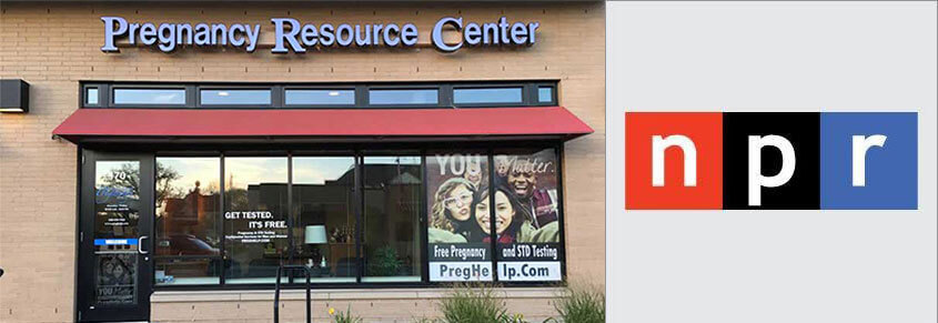 A collage of a photo of a pregnancy resource center and the NPR logo.