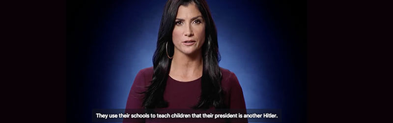 A photo of Dana Loesch, with the words, "They use their schools to teach children that their president is another Hitler," below her as a subtitle.