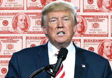 A collage of Donald Trump with 100 dollar bills behind him
