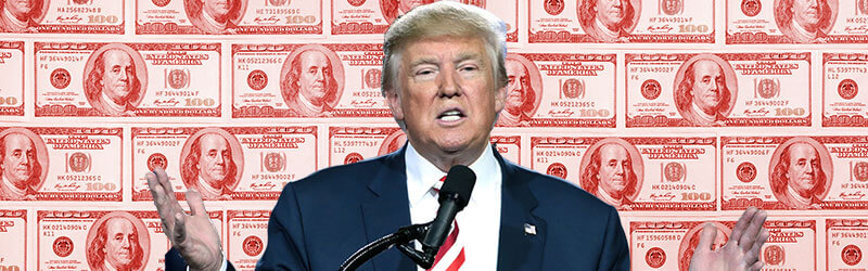 A collage of Donald Trump with 100 dollar bills behind him