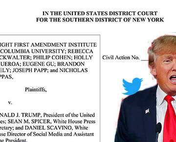 A collage of a civil lawsuit from Knight First Amendment Institute versus Donald Trump, a photo of Donald Trump, and a Twitter bird.