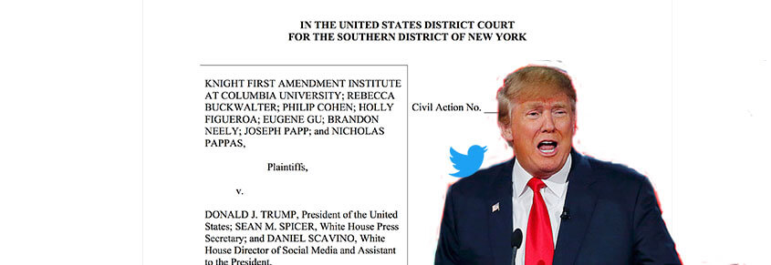 A collage of a civil lawsuit from Knight First Amendment Institute versus Donald Trump, a photo of Donald Trump, and a Twitter bird.