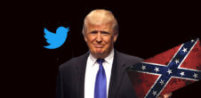 A collage of Donald Trump, a Twitter bird and a Confederate flag.