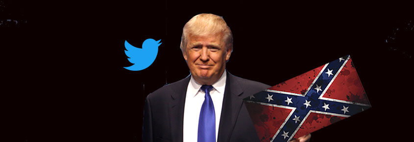 A collage of Donald Trump, a Twitter bird and a Confederate flag.