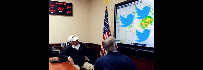 A photo of Donald Trump observing images of Hurricane Harvey. Twitter birds have been added to the screen.