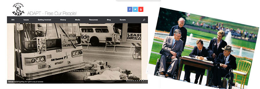 A collage of disabled people protesting by lying in front of a bus and George Bush signing the ADA.