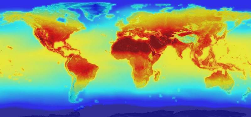 A photo of a map of that world that is reflecting different levels of climate change.
