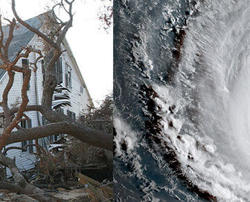 A collage of a photo of a house that has been destroyed by a storm and a photo of a cyclone.
