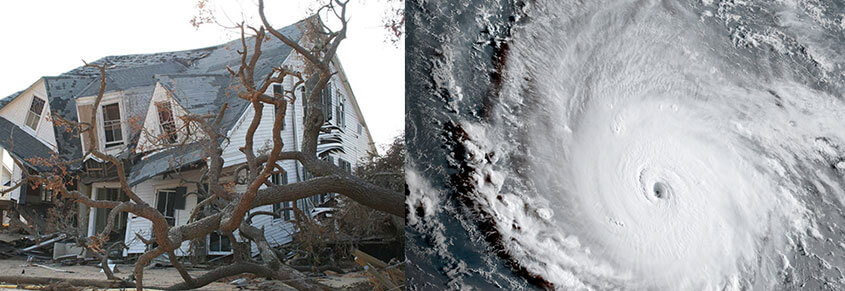 A collage of a photo of a house that has been destroyed by a storm and a photo of a cyclone.
