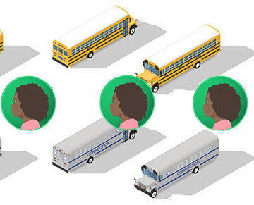 A collage of drawings of gray and yellow school busses. There are also three drawings of Black girls.