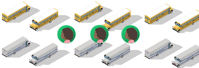 A collage of drawings of gray and yellow school busses. There are also three drawings of Black girls.