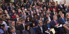 A photo of the White House Press Corps, which is largely white.