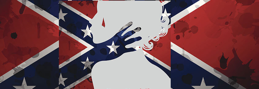 A collage of the Confederate flag. A hand the color of the confederate flag is grabbing a woman's throat.