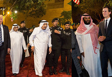 A collage of the Trump family with the Saudi Arabian royal family at a formal event.