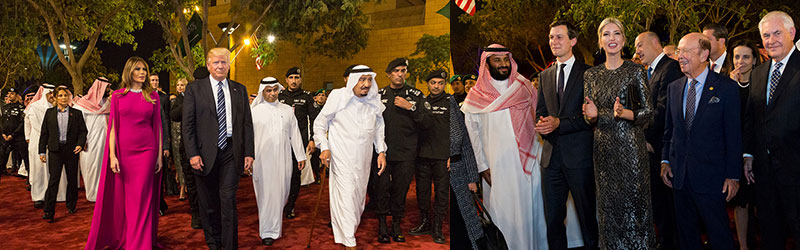 A collage of the Trump family with the Saudi Arabian royal family at a formal event.