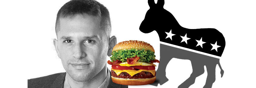 A collage of photos of Josh Barro, a hamburger and a donkey.