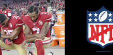 A collage of a photo of Colin Kaepernick kneeling before a football game and the NFL logo crossed out.