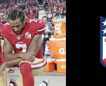 A collage of a photo of Colin Kaepernick kneeling before a football game and the NFL logo crossed out.