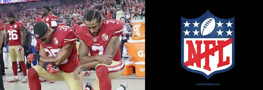A collage of a photo of Colin Kaepernick kneeling before a football game and the NFL logo crossed out.