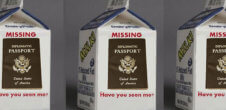 A collage of "Missing, Have you seen me?" messages on milk cartons. Instead of a photo of a missing person, there is a US diplomatic passport.