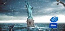 A collage of the statue of liberty with waves around it.