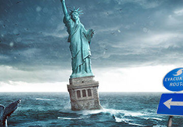 A collage of the statue of liberty with waves around it.