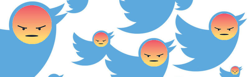 A collage of Twitter birds with angry face emojis on top of them
