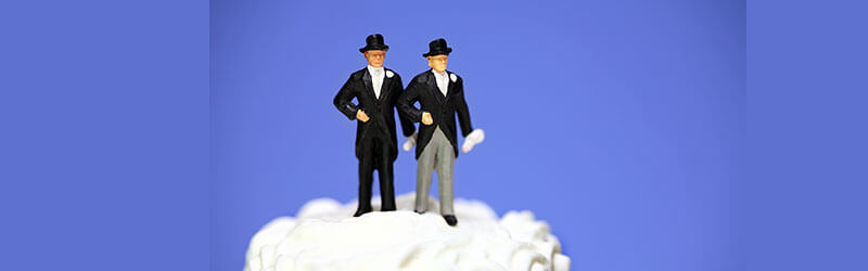 A photo of two grooms on top of a wedding cake.