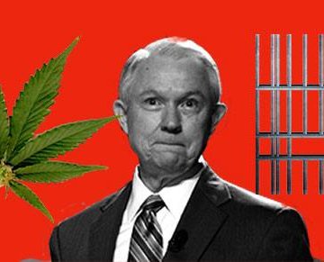 A collage of a photo of Jeff Sessions, a marijuana leaf, and jail bars