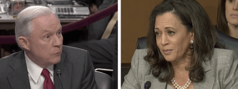 A collage of photos of Jeff Sessions and Kamala Harris