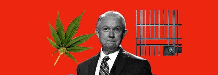 A collage of a photo of Jeff Sessions, a marijuana leaf, and jail bars