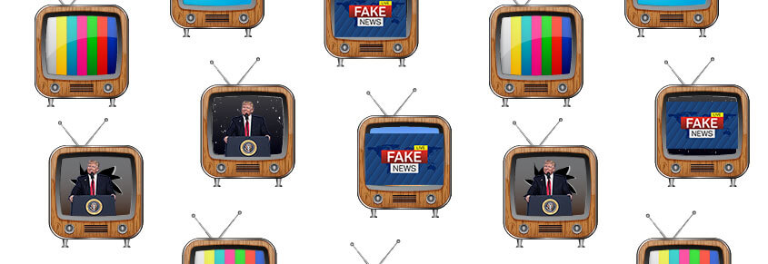 A collage of illustrations of TVs. Some have Trump speaking in them, other say Fake News, and others just show the "rainbow" coloring when old televisions aren't working.