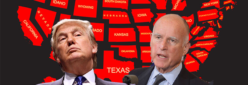 A collage of Donald Trump, Jerry Brown and states that are slightly separated from each other in the background.