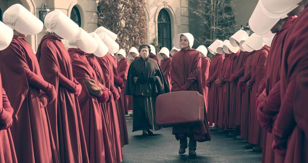 The Handmaid's Tale -- "The Bridge" Episode 109 -- Offred embarks on a dangerous mission for the resistance. Janine moves to a new posting. Serena Joy suspects the Commander’s infidelity. Aunt Lydia (Ann Dowd) and Janine (Madeline Brewer), shown.