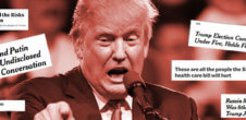 A collage of Trump at a rally with the headlines, "North Korea and Risks of Miscalculation," "Trump and Putin had an Undisclosed Second Conversation," "The Voter Purges Are Coming," "Trump Election Comission, Already Under Fire, Holds First Meeting," "These are all the people the Senate health care bill will hurt," and "Russia Mogul's Aide Was 8th Person at Trump Jr. Meeting"