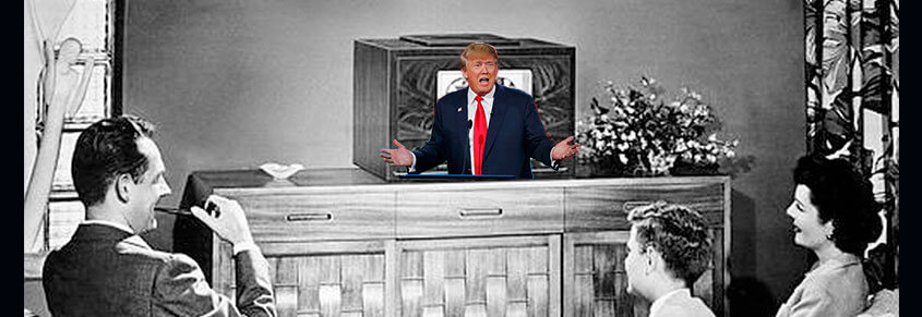 A collage of a family from the 1940s or so watching television with Trump in the TV.