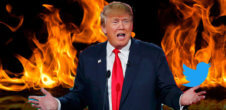 A collage of Donald Trump and a Twitter bird with flames behind him.
