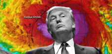 A photo of Donald Trump in front of imaging of Hurricane Harvet