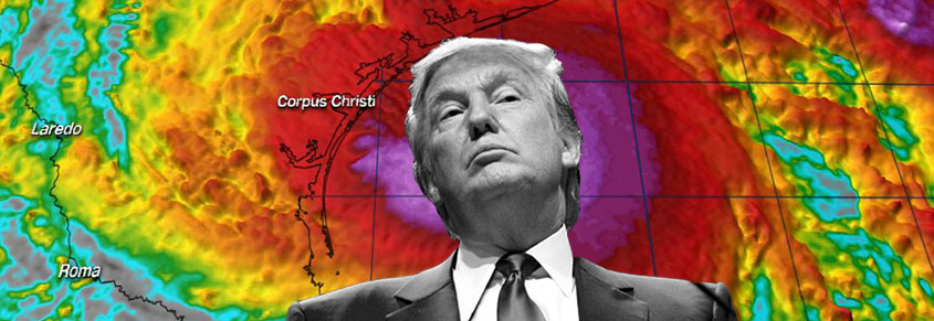 A photo of Donald Trump in front of imaging of Hurricane Harvet