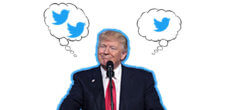 A photo of Donald Trump. There are two thought bubbles coming out of his head with Twitter birds in them.