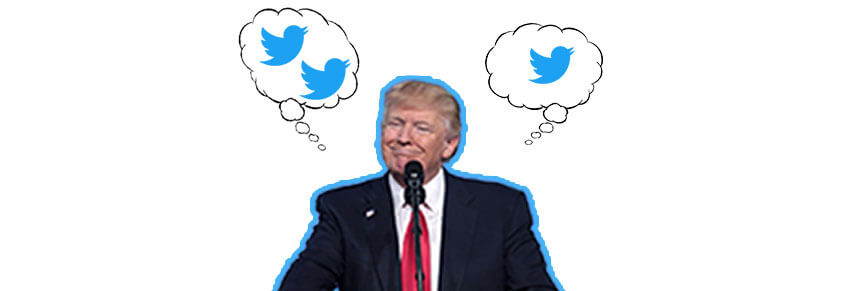 A photo of Donald Trump. There are two thought bubbles coming out of his head with Twitter birds in them.