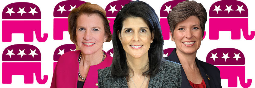 A collage of Nikki Haley and two other female Republican politicians. Behind them is the Republican elephant in the color pink.