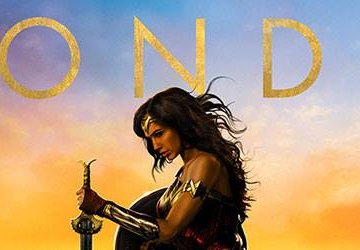 A still of Gal Dot as wonder woman with the text "Wonder" above him/
