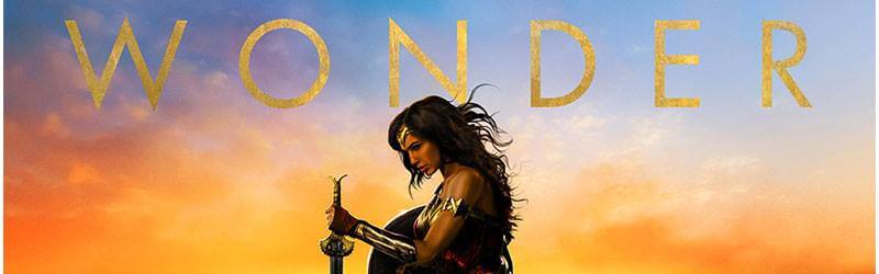 A still of Gal Dot as wonder woman with the text "Wonder" above him/