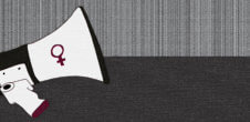 An illustration of a megaphone on the ground with a female gender symbol on it.