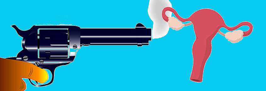 An illustration of someone pointing a gun at a uterus