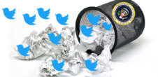 A collage of a trash from the US president knocked over with crumpled paper on the ground and Blue Twitter birds flying out of it