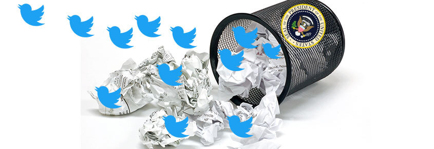 A collage of a trash from the US president knocked over with crumpled paper on the ground and Blue Twitter birds flying out of it